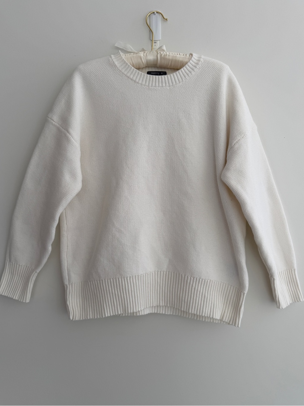 MATTY M Sweater Knit White Pullover Crew Neck 100% Cotton Neutral Versatile